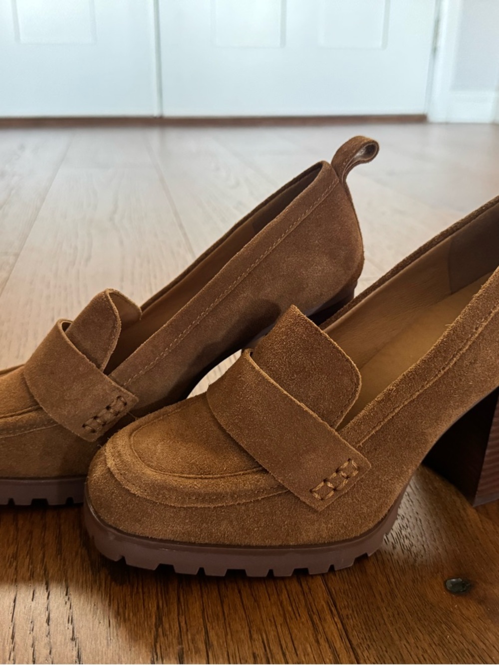 Crown Vintage Tan Suede Penny Loafer Block Heels